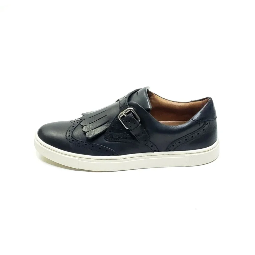 Frye Gemma Kiltie Shoes Black Leather Sneakers Monk Strap Buckle Fringe US 6.5